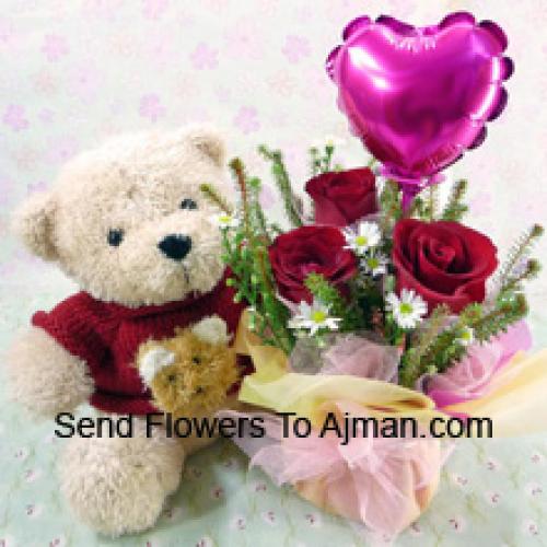 3 Red Roses with Balloon and 12 Inch Teddy