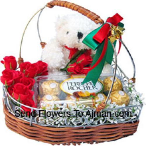 Red Roses with Cute Teddy and Chocolates