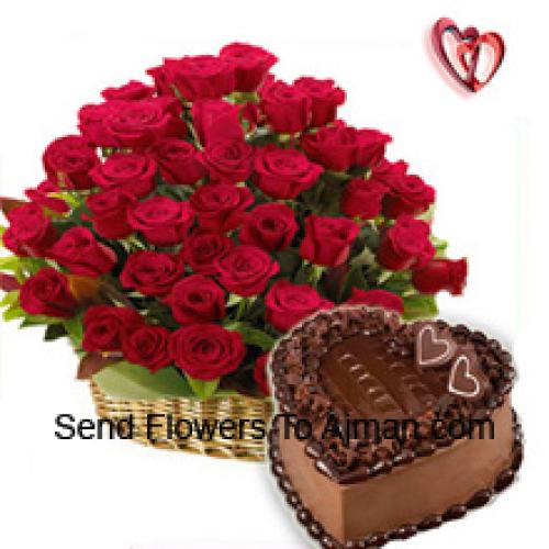 50 Roses Basket with 1 Kg Chocolate Cake