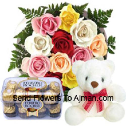 12 Mixed Roses with Cute Teddy and Chocolates