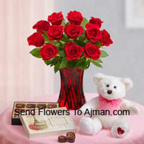 12 beautiful Roses with Teddy and Chocolates