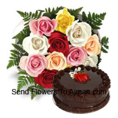 Bunch Of 12 Mixed Roses With Seasonal Fillers Along With 1 Lb. (1/2 Kg) Chocolate Truffle Cake