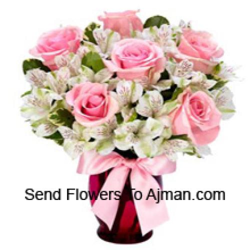 Beautiful Pink Roses and White Alstromeria