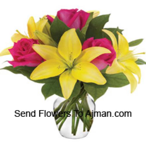 Pink Roses and Yellow Lilies in Vase