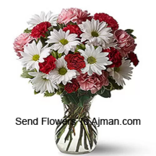 Red Carnations, Pink Carnations And White Gerberas With Seasonal Fillers In A Glass Vase -- 24 Stems And Fillers