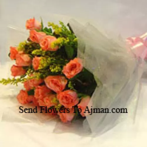 Bunch Of 18 Orange Roses With Seasonal Fillers