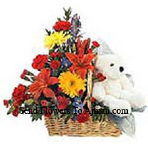 Basket of Roses, Gerberas, Carnations and Lilies with Teddy Bear