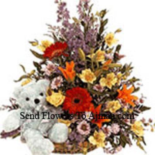 Mixed Flower Basket with 12 Inch Teddy