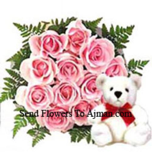 12 Pink Roses with 12 Inch Teddy