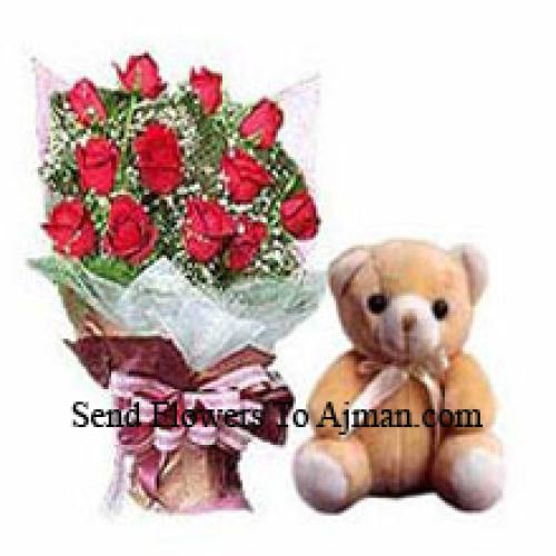 12 Mooie rozen met elegante teddybeer