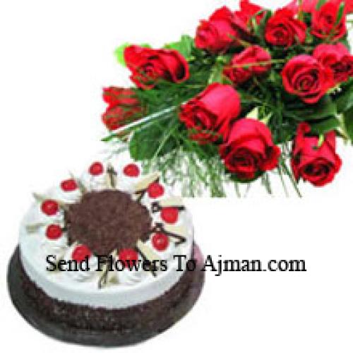 Beautiful Red Roses with 1 Kg Black Forest Cake