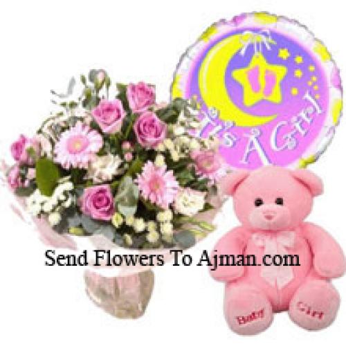 Pink Assorted Flowers with Balloon and Teddy