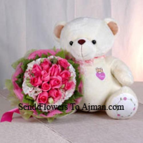 12 Pink Roses with Sweet 14 Inch Teddy