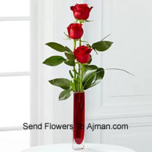 Three Red Roses In A Red Test Tube Vase (We Reserve The Right To Substitute The Vase In Case Of Non-Availability. Limited Stock)