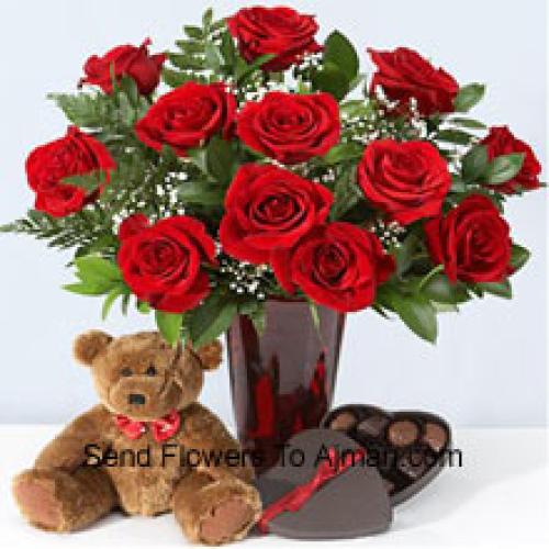 12 Inch Teddy with Chocolate Box and 12 Red Roses