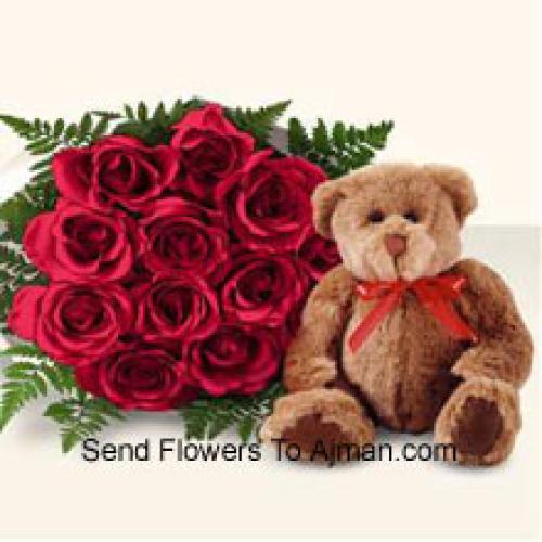 12 Red Roses with Cute Brown Teddy