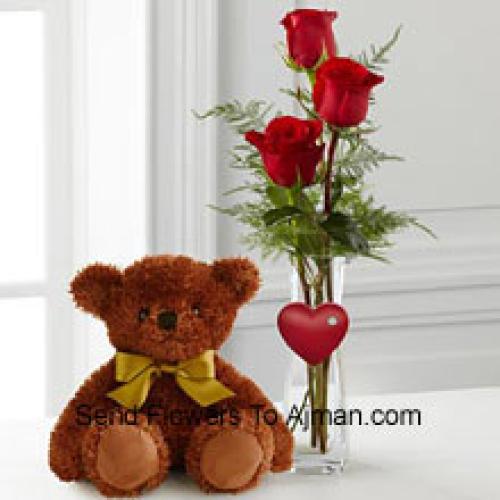 12 Inches Bear with 3 Red Roses