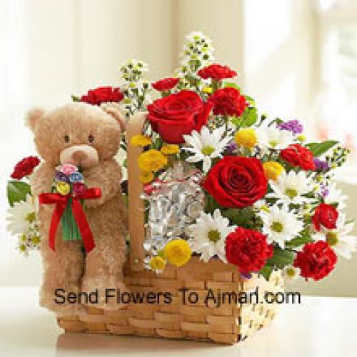 18 Roses and Gerberas with Cute Teddy