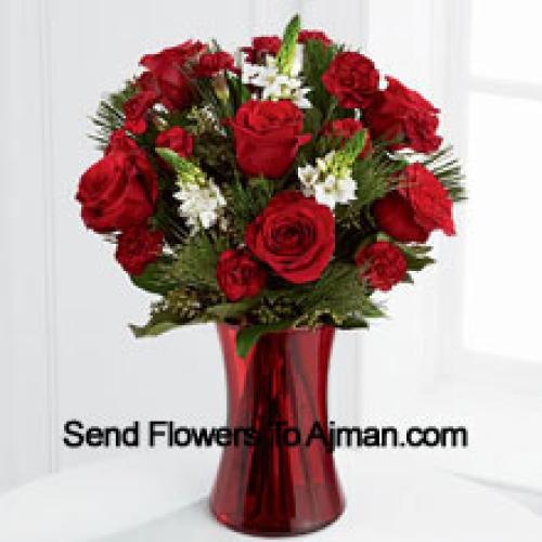 Roses and Assorted Greenery in Red Vase