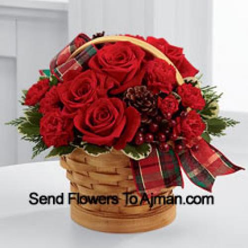 Wooden Basket of Roses and Carnations with Assorted Flowers