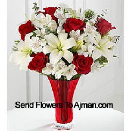 Elegant Red Roses and White lIlies in Vase