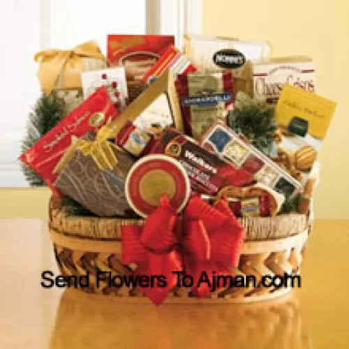 This delightful wicker and woven gift basket is a great way to say thank you to all of your clients, employees, and business associates this year. It is equally at home in the board room, the break room, or the living room, and we've included a sweet and savory selection of gourmet snacks that are all ready to eat and be enjoyed. Your recipients will be please with the great selection inside: pesto havarti cheese, smoked salmon, caviar, English tea cookies, shortbread cookies, Ghirardelli chocolates, biscotti, toffee almonds, Ghirardelli squares, Jelly Belly jelly beans, chocolate cheese sticks, chocolate caramel cookies and peppermint popcorn. (Please Note That We Reserve The Right To Substitute Any Product With A Suitable Product Of Equal Value In Case Of Non-Availability Of A Certain Product)